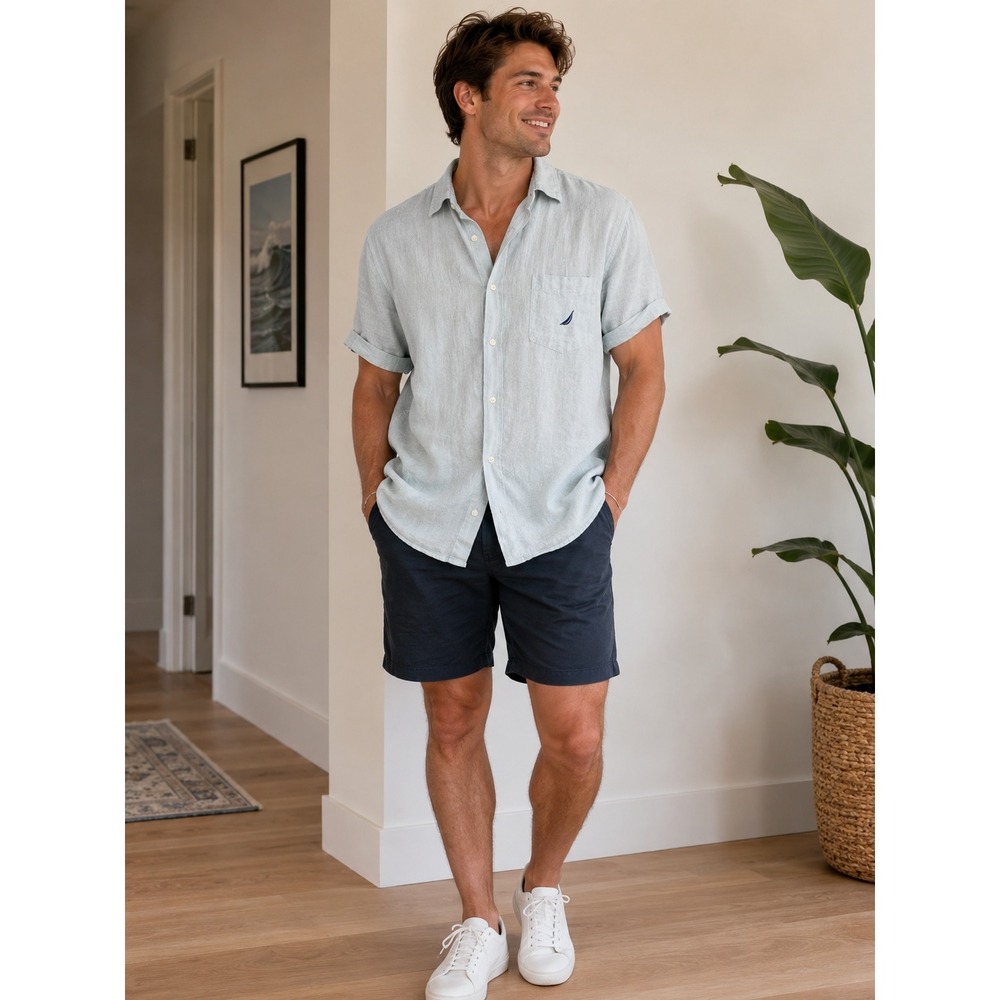 Nautica Mens Large Light Blue Short Sleeve Button Up Shirt Relaxed Coastal